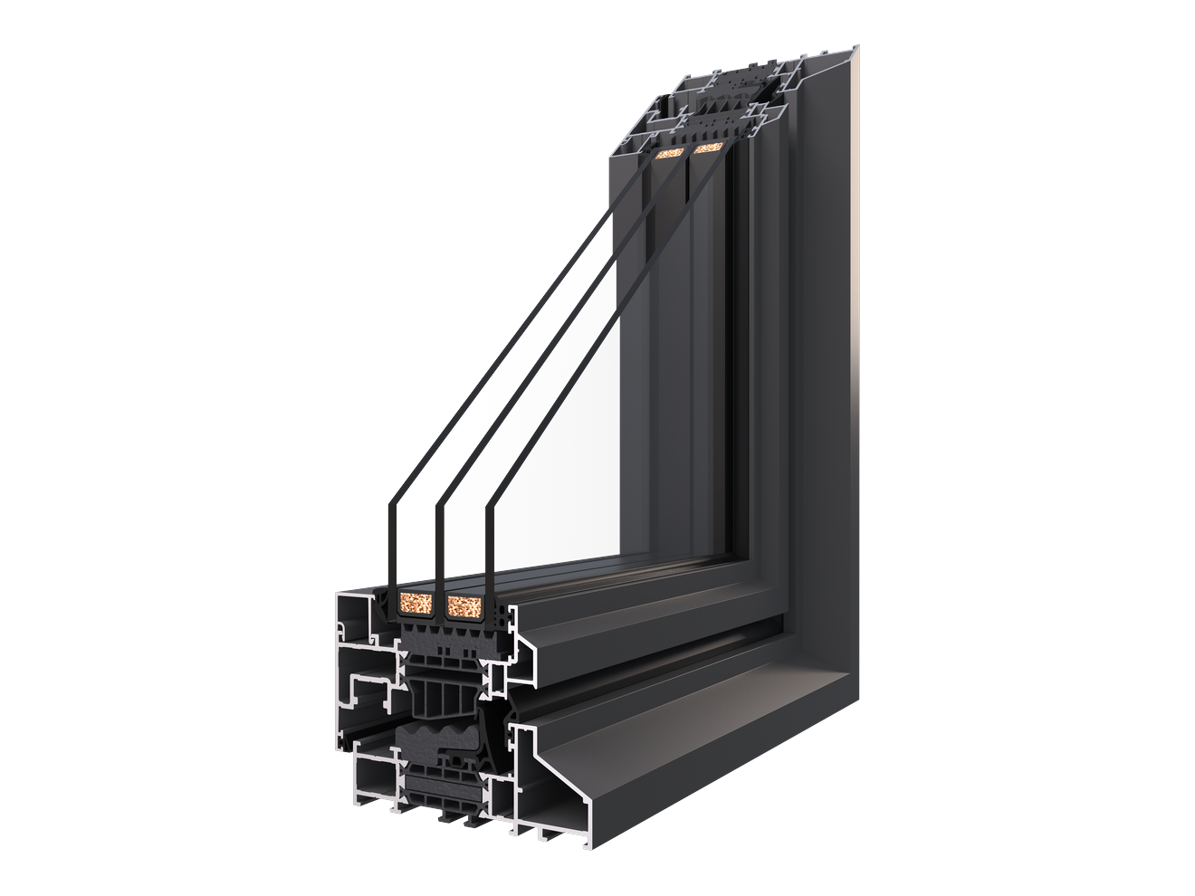 Technische doorsnede van een donkergrijs raamprofiel met meerdere glasplaten, die de opbouw van het profiel en de beglazing zichtbaar maakt.