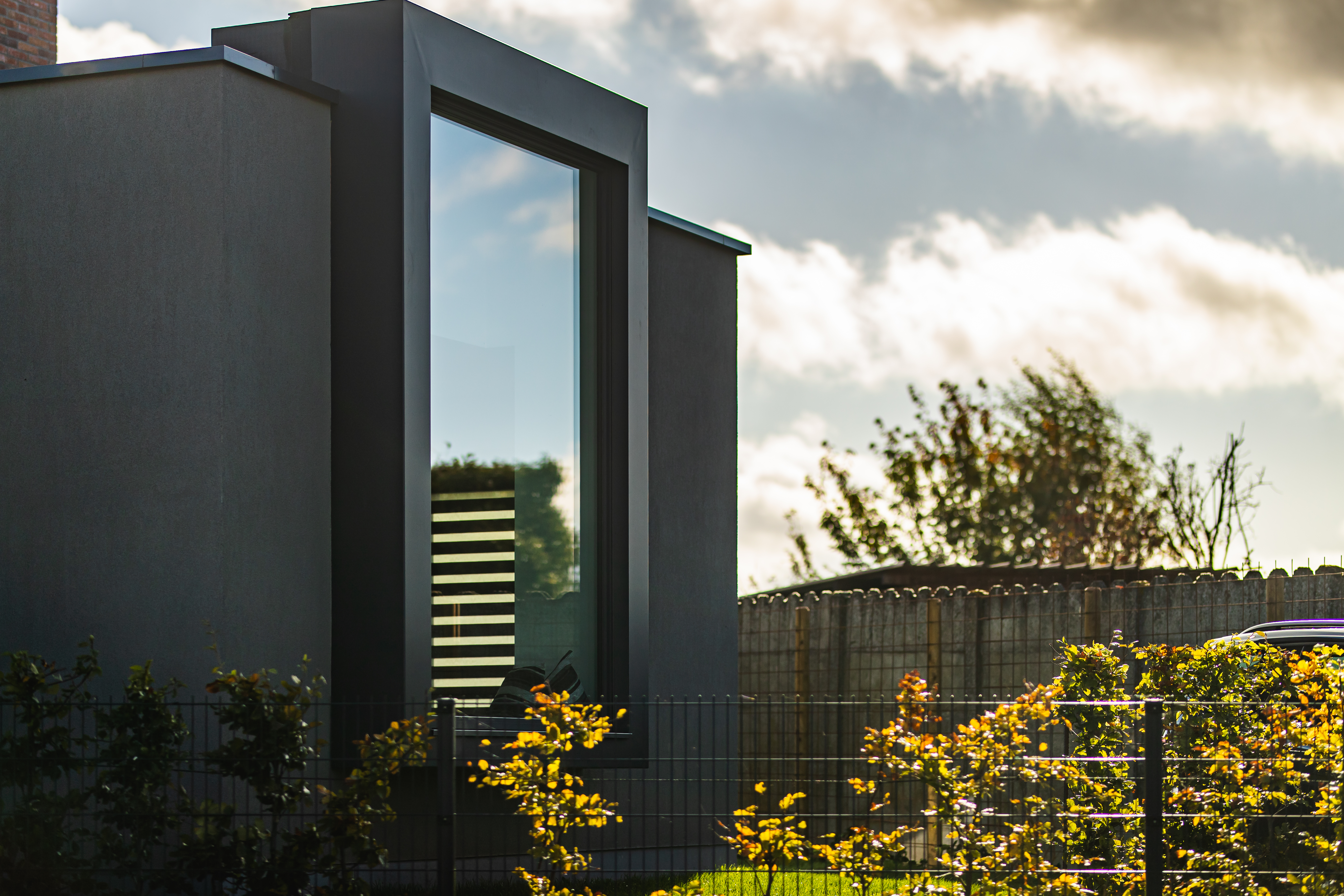 Anthracietgrijze gevel van een moderne nieuwbouwwoning met een hoog raam, een tuinafsluiting en bloeiende beplanting.