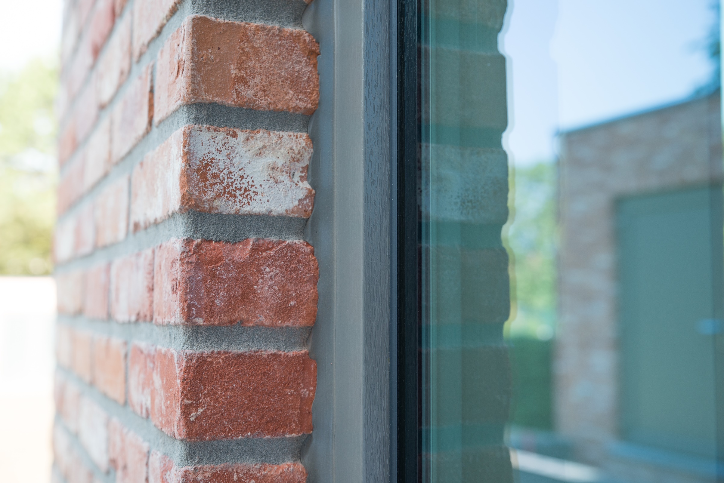 Close-up van een kwartsgrijs raamprofiel in een rode bakstenen gevel, met zichtbare beglazing en een tijdloze uitstraling van nieuwbouw.