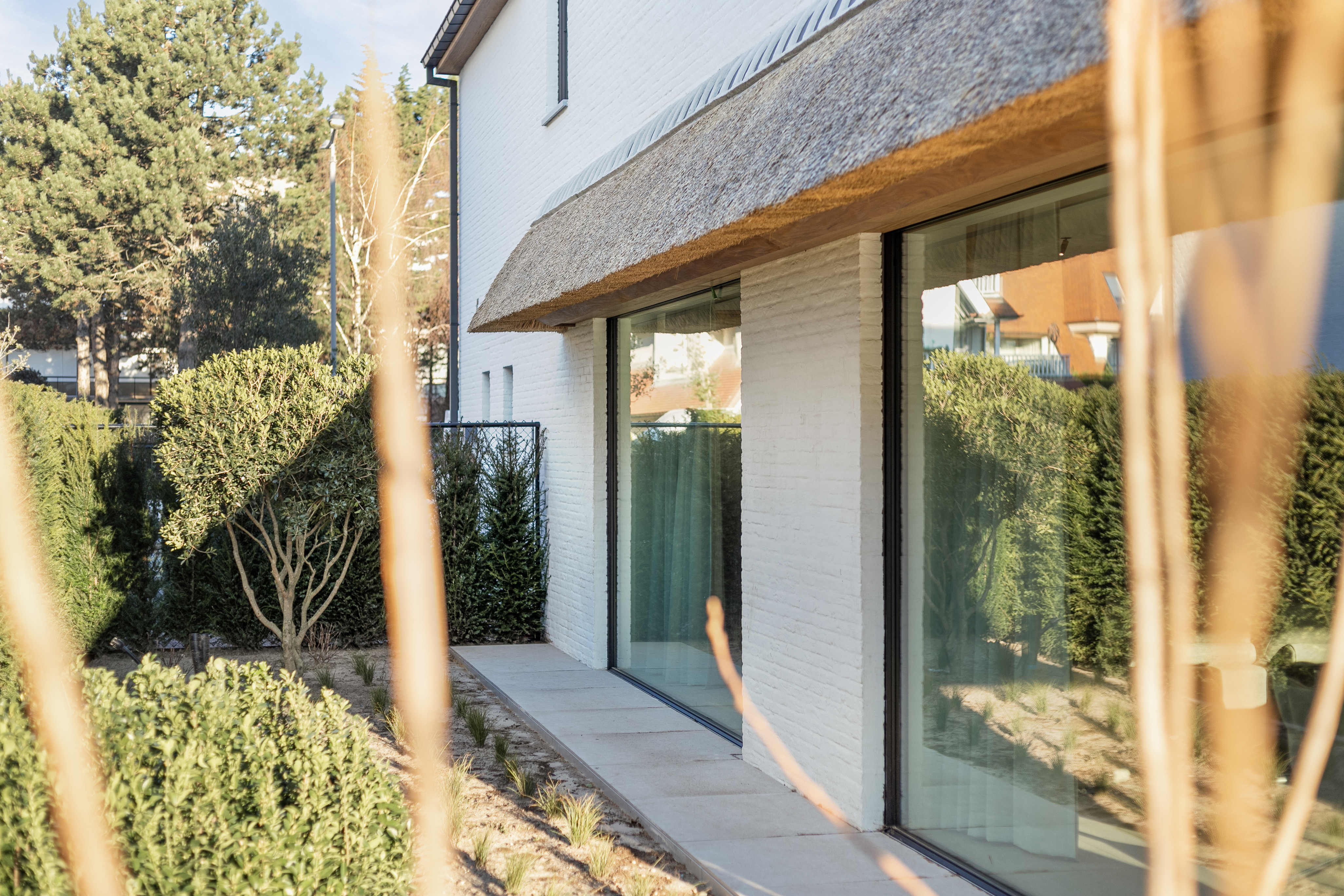 Witte gevel met een groot vast raam in zwarte Steel Look PLUS-profielen, omgeven door verzorgd groen en een wandelpad.