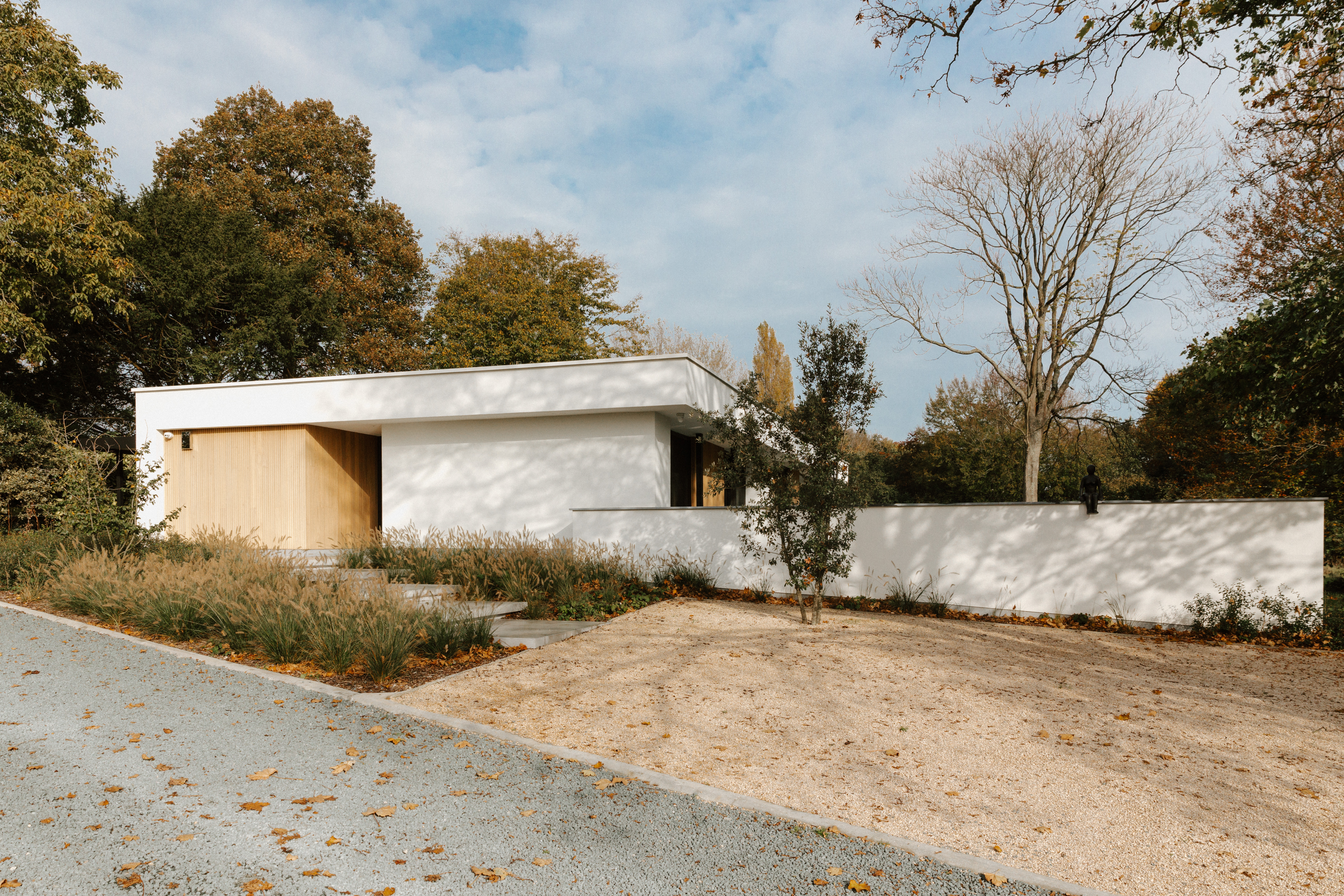 Moderne woning met plat dak, witte gevel, houten inkom en grote ramen, gelegen aan een onverharde oprit tussen de bomen.