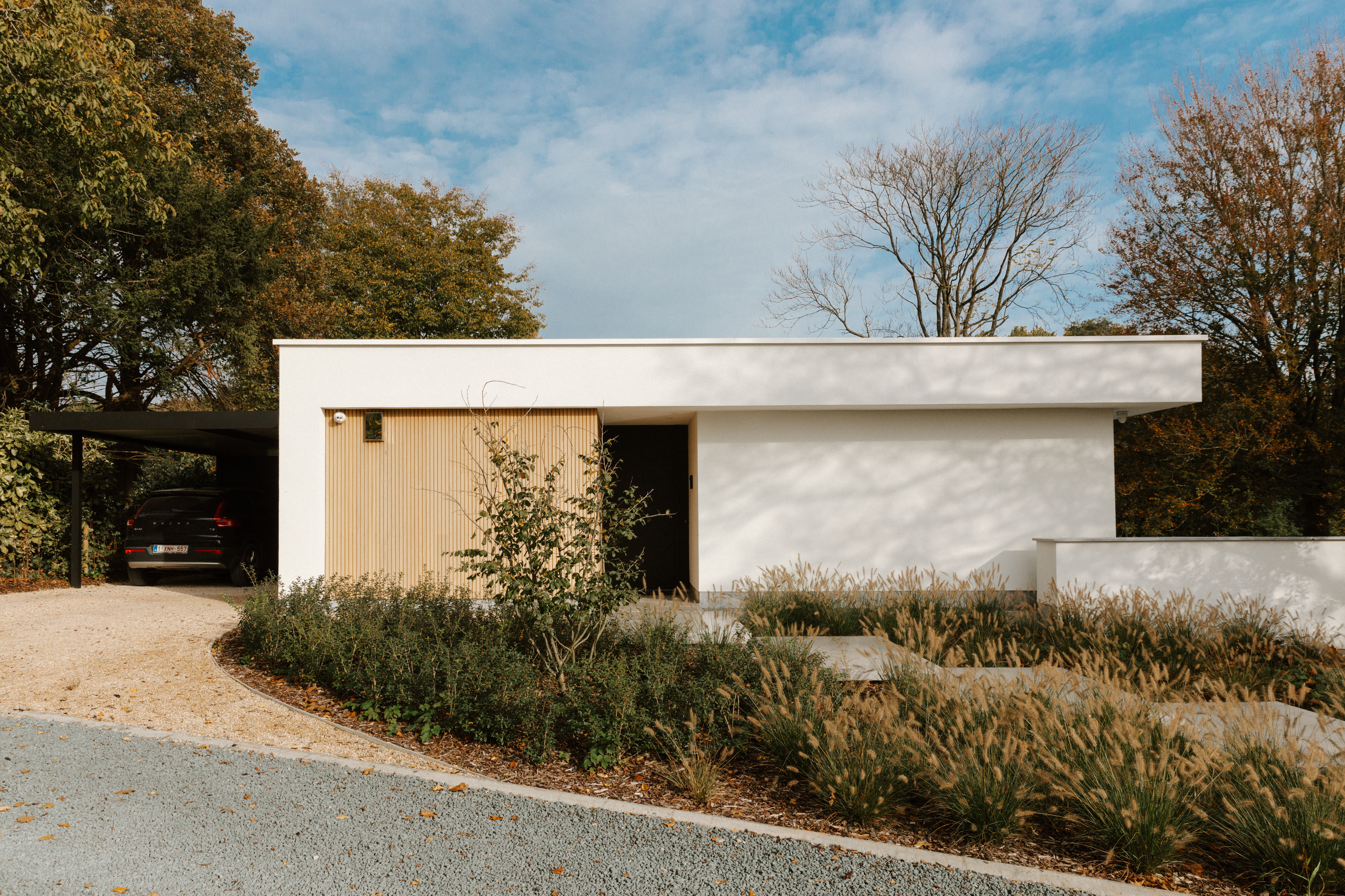 Moderne woning met één bouwlaag, plat dak, witte gevel, houten deur en donkere opening, omringd door siergrassen, bomen en een grindpad.