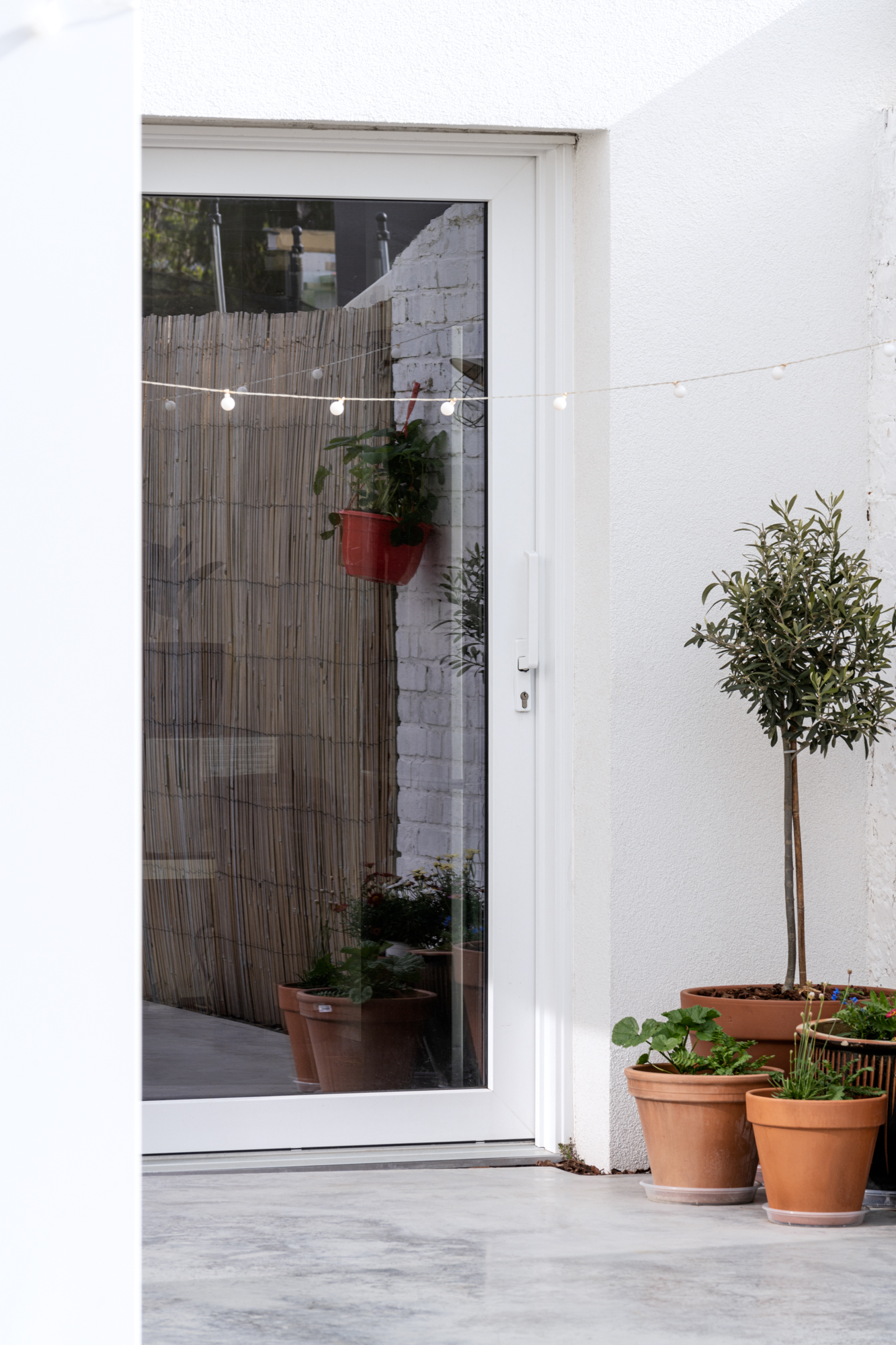 Witte glazen deur in een gerenoveerde gevel van een gesloten bebouwing, met potplanten op een lichte terraszone.