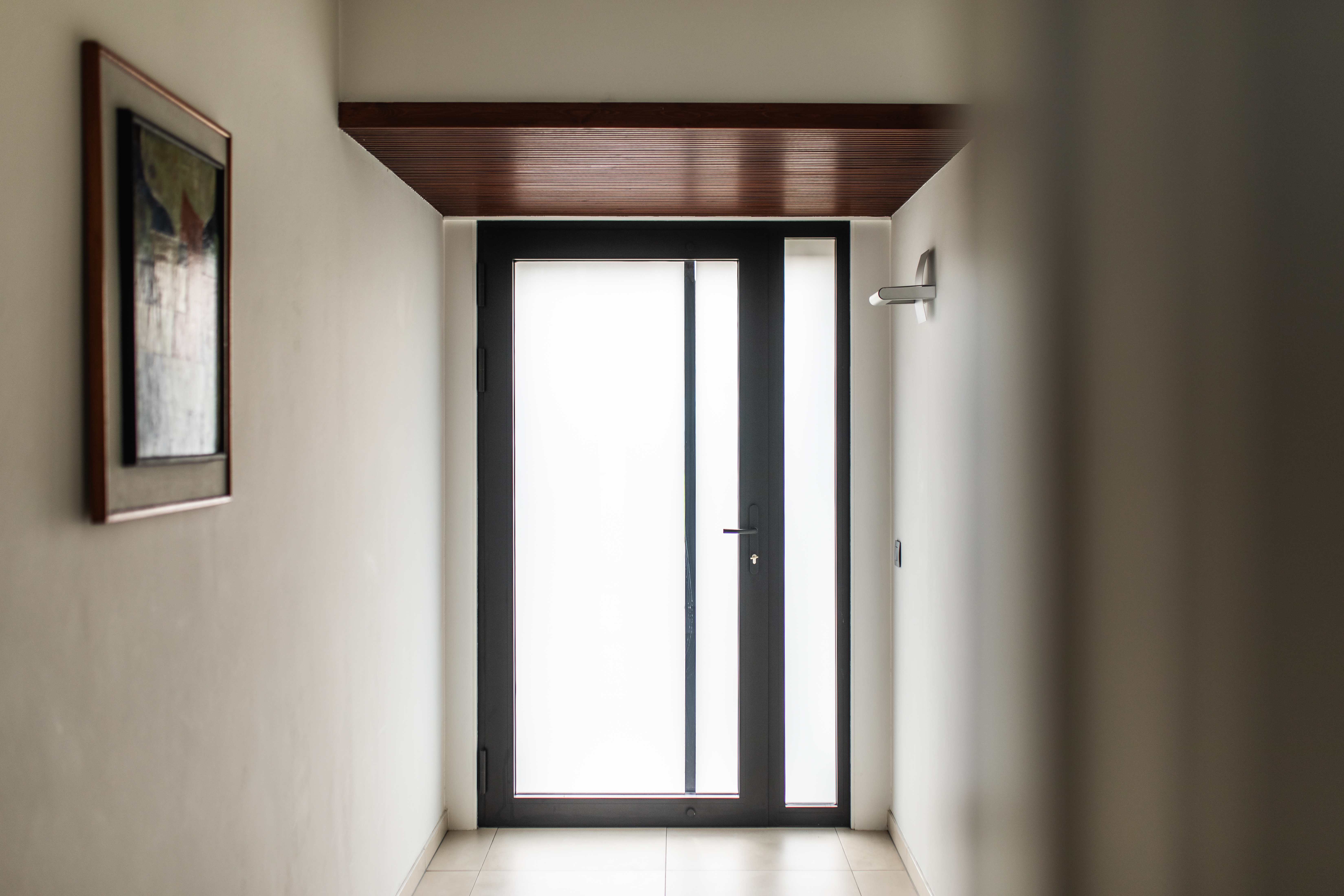 Moderne zwarte aluminium voordeur met beglaasd zijlicht in een lichte inkomhal met donker houten plafond.